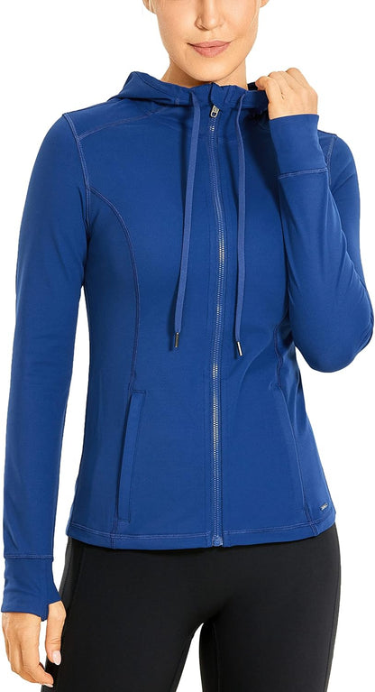 Women'S Brushed Full Zip Hoodie Jacket Sportswear Hooded Workout Track Running Jacket with Zip Pockets