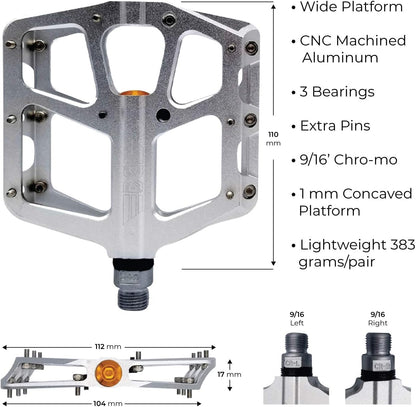 PDX A8 Mountain Bike Pedals, MTB Bike Pedals, Bicycle Pedals, MTB Pedals, CONCAVE Platform Anti-Slip Lightweight Aluminum Wide Platform 16 PINS