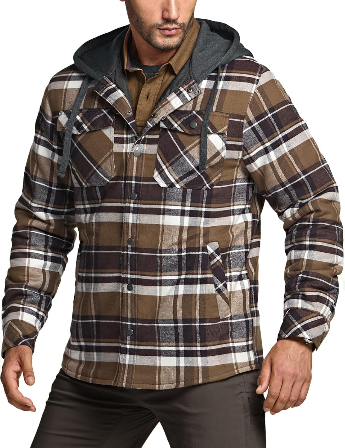 Men'S Flannel Shirt Jacket Long Sleeve, Winter Warm Outdoor Casual Plaid Jacket Coat with Pockets